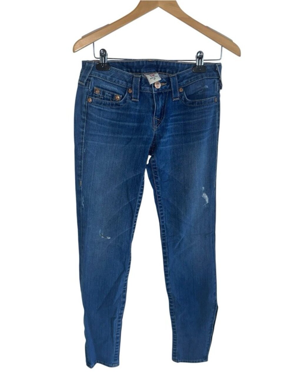 True Religion Gwen Skinny Jeans Women 28 Blue Ankle Zip Low Rise Made in USA